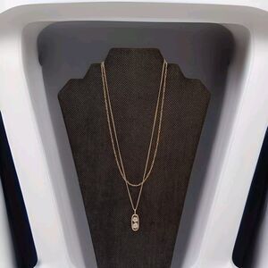 Pressed White Floral Charm Necklace Goldtone Double Chain Danity Minimalist
